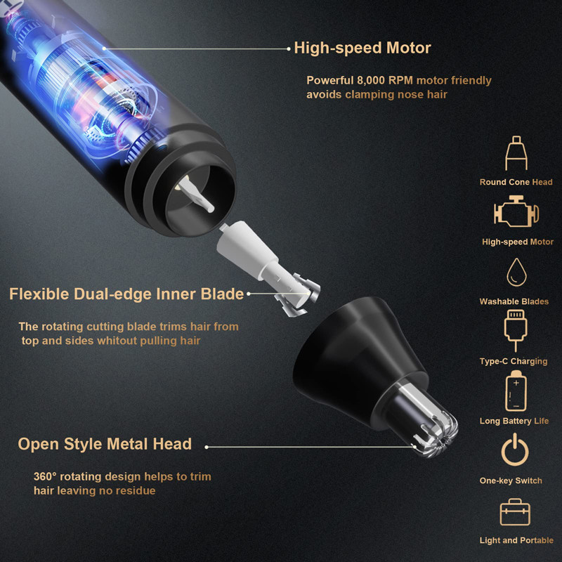 Trimmer electric pentru nas și urechi, în siguranță, îngrijire profesională, epilator facial reîncărcabil, rezistent la apă, pentru bărbați și femei