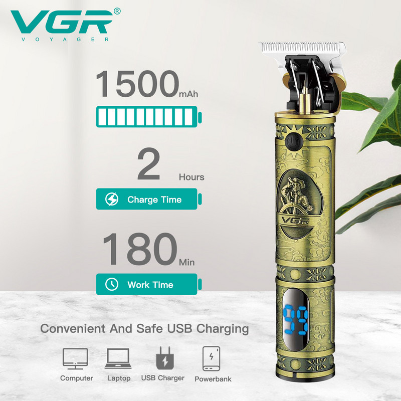 VGR T9 hajvágó újratölthető hajvágó gép akkus hajvágó elektromos fodrász T-penge 0mm vágópenge V-228