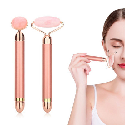 Elektromos vibrációs Jade Roller Természetes Rózsakvarc Kristálykő Arcápoló Jade Masszírozó Derma Roller bőrápoló eszköz Ránctalanítás