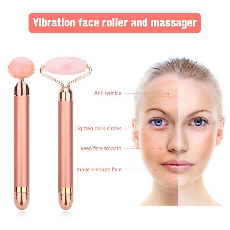 Elektromos vibrációs Jade Roller Természetes Rózsakvarc Kristálykő Arcápoló Jade Masszírozó Derma Roller bőrápoló eszköz Ránctalanítás