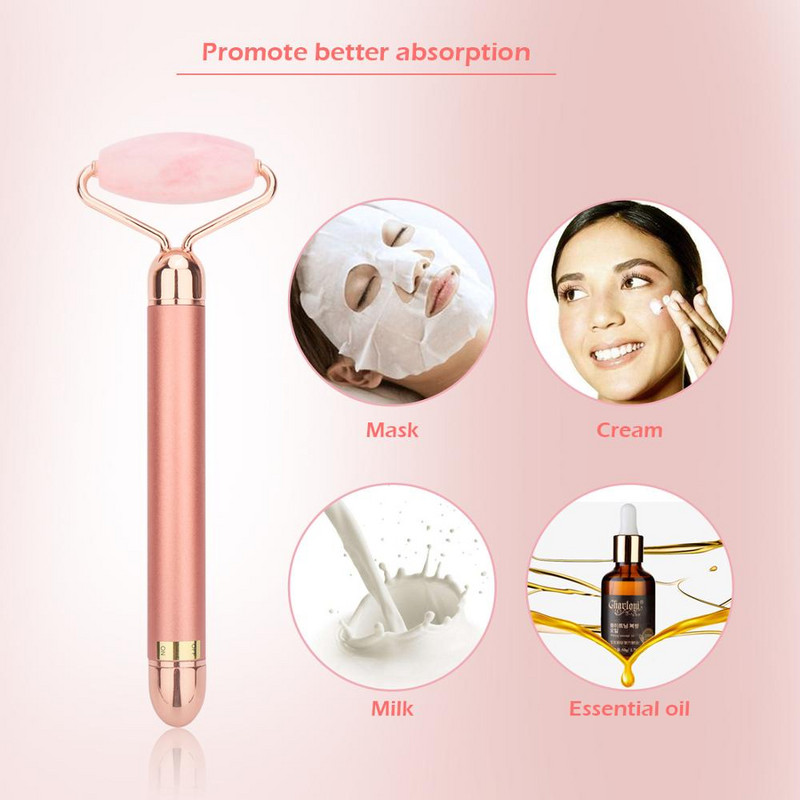 Elektromos vibrációs Jade Roller Természetes Rózsakvarc Kristálykő Arcápoló Jade Masszírozó Derma Roller bőrápoló eszköz Ránctalanítás