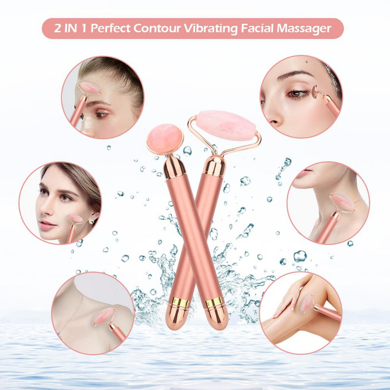 Elektromos vibrációs Jade Roller Természetes Rózsakvarc Kristálykő Arcápoló Jade Masszírozó Derma Roller bőrápoló eszköz Ránctalanítás