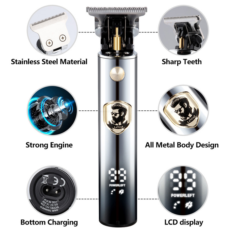 Profesionali vyrų plaukų kirpimo mašinėlė elektrinė barzdos kirpimo mašinėlė LED ekranas plaukų kirpimo peiliukas USB įkraunamas aparatas plaukų formavimas