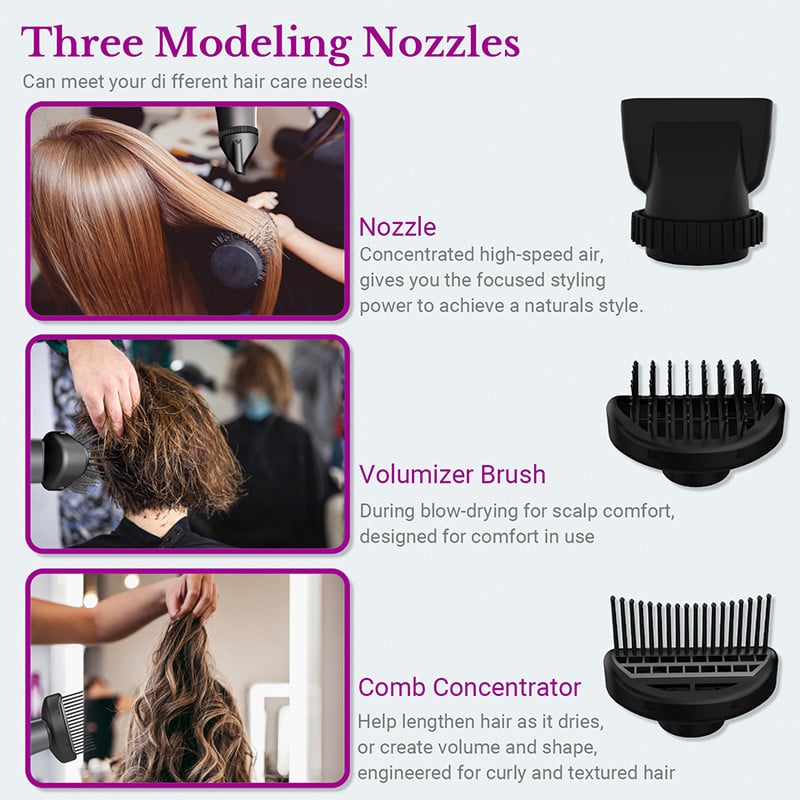 Uscător de păr de 1800 W cu uscare rapidă cu concentrator 2 în 1 și accesorii de coafare, 3 butoane de reglare a căldurii și rece, perie cu aer cald