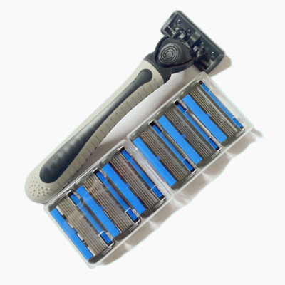 Ξυριστική μηχανή ασφαλείας 6 στρωμάτων (1 θήκη ξυραφιού + κεφαλή 7 λεπίδων) Σετ ξυραφιού ξυρίσματος κασέτας Ανδρικό μαχαίρι αποτρίχωσης προσώπου σε μπλε σώμα