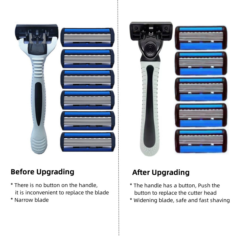 Ξυριστική μηχανή ασφαλείας 6 στρωμάτων (1 θήκη ξυραφιού + κεφαλή 7 λεπίδων) Σετ ξυραφιού ξυρίσματος κασέτας Ανδρικό μαχαίρι αποτρίχωσης προσώπου σε μπλε σώμα