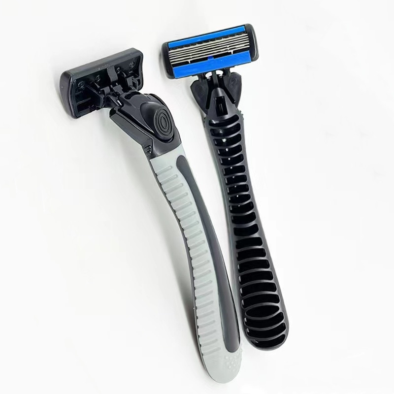 Ξυριστική μηχανή ασφαλείας 6 στρωμάτων (1 θήκη ξυραφιού + κεφαλή 7 λεπίδων) Σετ ξυραφιού ξυρίσματος κασέτας Ανδρικό μαχαίρι αποτρίχωσης προσώπου σε μπλε σώμα