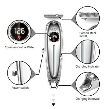 Kemei Професионален изцяло метален тример за коса за мъже Литиева електрическа акумулаторна машинка за подстригване на брада с LCD дисплей Машина за подстригване