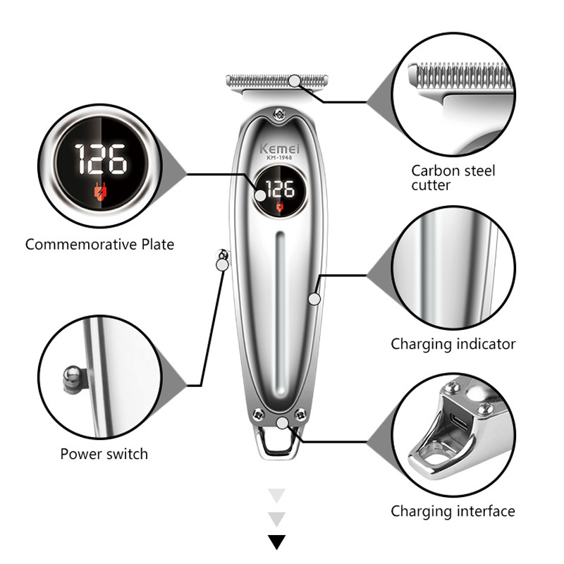 Kemei Profesionāls pilna metāla matu griezējs vīriešiem Litija elektriskais uzlādējams bārdas matu griezējs LCD displeja matu griešanas mašīna