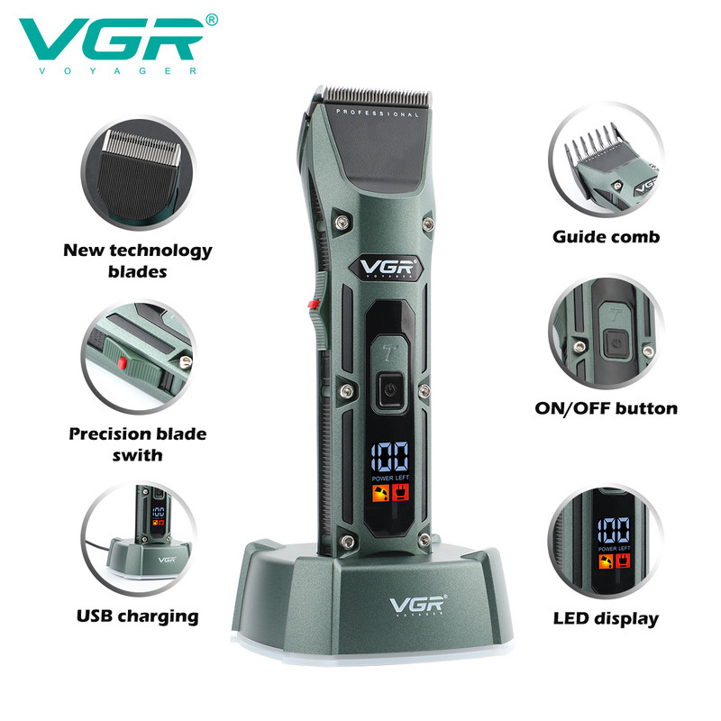 VGR Hair Trimmer Cordless μηχανή κοπής Επαγγελματική κουρευτική μηχανή Electric Barber Ψηφιακή κουρευτική οθόνη για άνδρες V-696