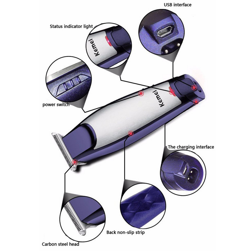 Kemei 3-ühes professionaalne juukselõikur, laetav 0 mm kiilaspeaga juukselõikur Barberi juukselõikusmasin USB-kaabliga KM-5021