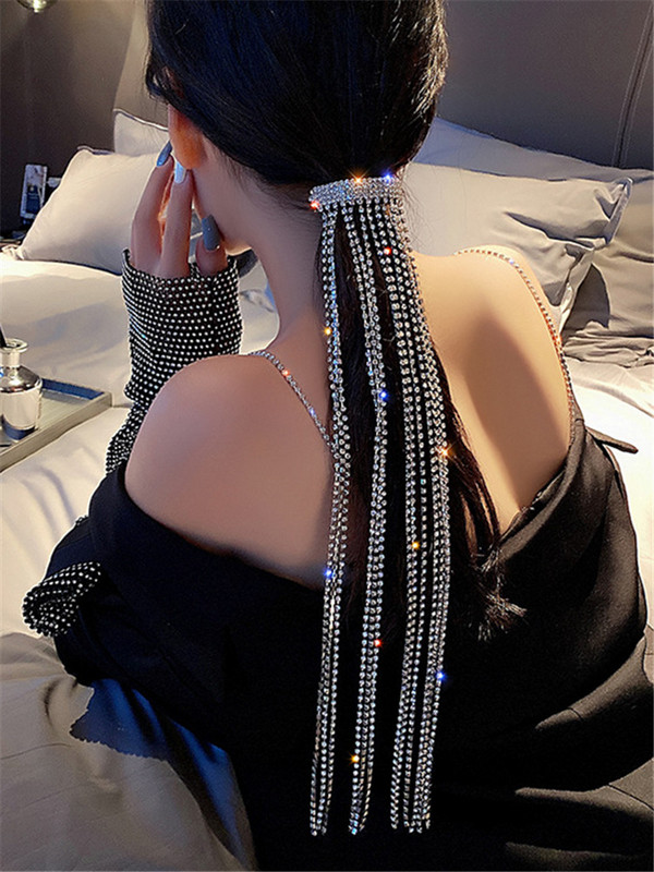 XIALUOKE Vintage Shine teljes strasszos hajtűk nőknek Bijoux hosszú bojtos kristály hajcsavarok esküvői bankett ékszerek
