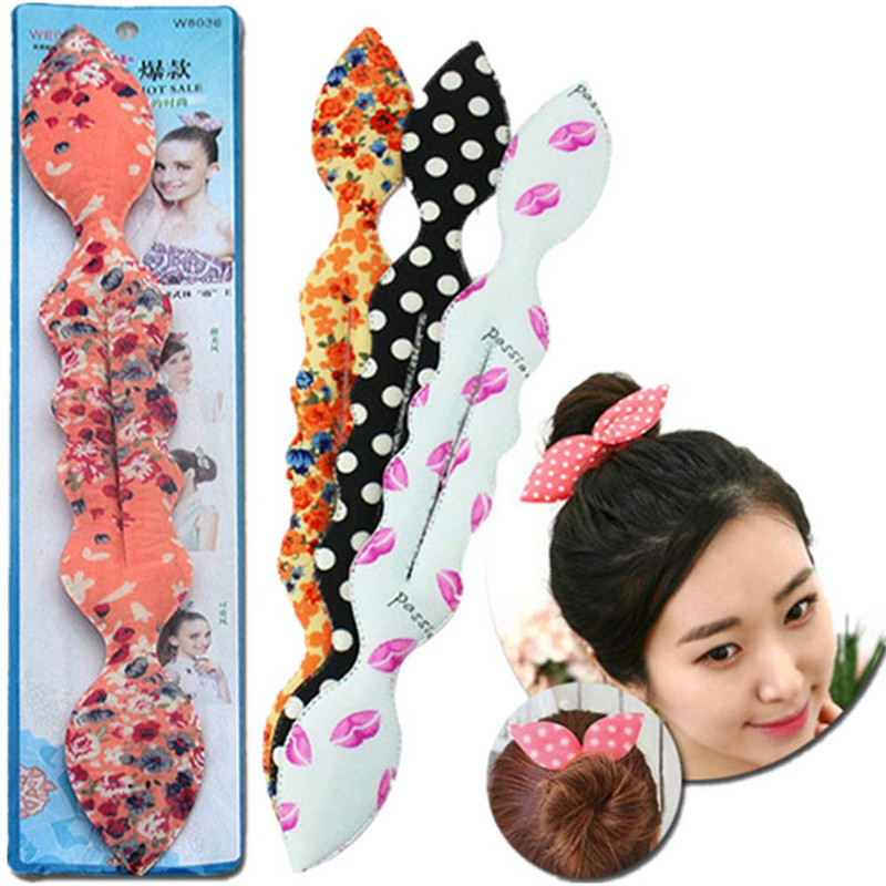 Жени Bunny Ear Sponge Hair Twist Styling Clip Stick Bun Maker Braid Magic Tools Аксесоари Женска лента за коса на точки на цветя