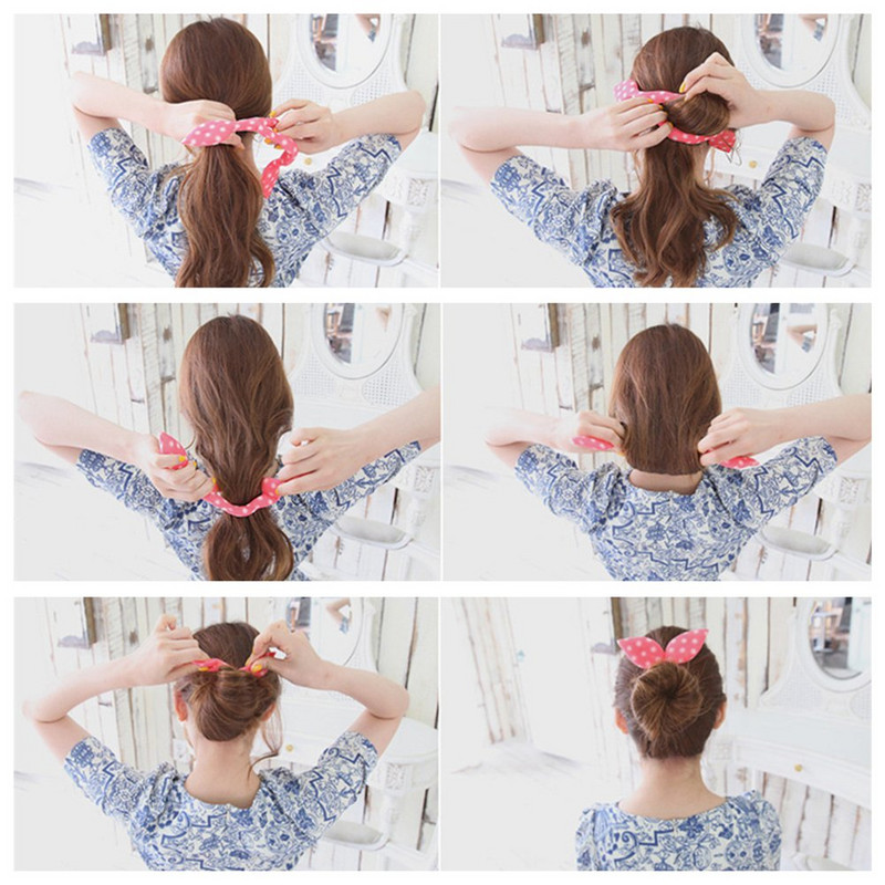 Жени Bunny Ear Sponge Hair Twist Styling Clip Stick Bun Maker Braid Magic Tools Аксесоари Женска лента за коса на точки на цветя