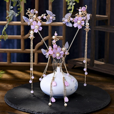 Kineski Hanfu set dodataka za kosu, starinske ukosnice s dugim resama, cvjetni ručno rađeni štapići za kosu, tradicionalni retro nakit