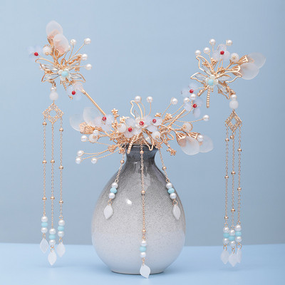 Kineski Hanfu set dodataka za kosu, starinske ukosnice s dugim resama, cvjetni ručno rađeni štapići za kosu, tradicionalni retro nakit