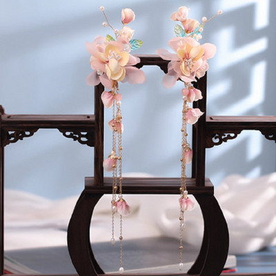 Kineski Hanfu set dodataka za kosu, starinske ukosnice s dugim resama, cvjetni ručno rađeni štapići za kosu, tradicionalni retro nakit