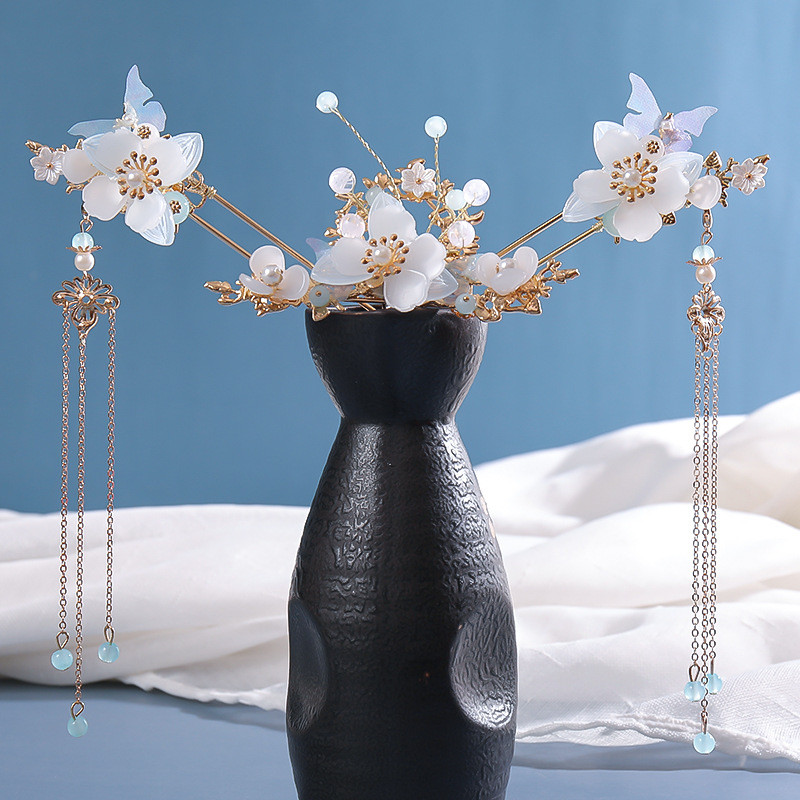 Kineski Hanfu set dodataka za kosu, starinske ukosnice s dugim resama, cvjetni ručno rađeni štapići za kosu, tradicionalni retro nakit