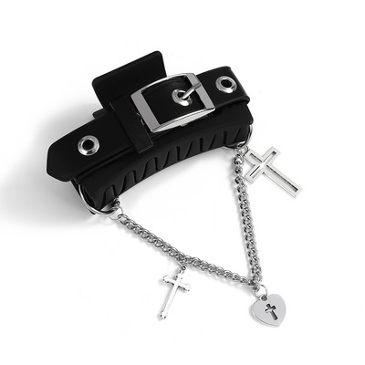 Street Style Claw Clip Gothic Black Pu Leather Cross Chain Pendant Hair Claws for Women Girls Chic Hair Y2K Аксесоари Подарък