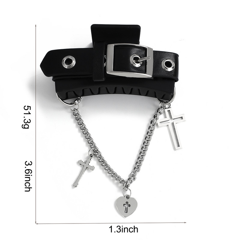 Street Style Claw Clip Gothic Black Pu Leather Cross Chain Pendant Hair Claws for Women Girls Chic Hair Y2K Аксесоари Подарък