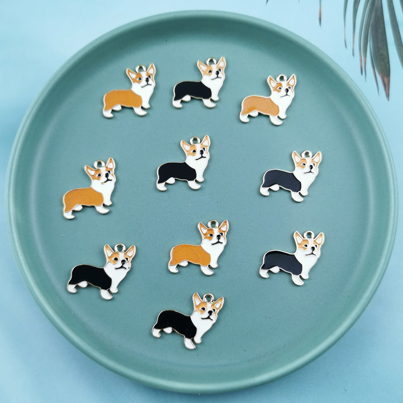 10db/csomag Corgi Dog Zománc Charms Design Animal Tag medálok Ékszerkészítéshez Fülbevaló Karkötő Lebegő Arany Alap 23*24mm