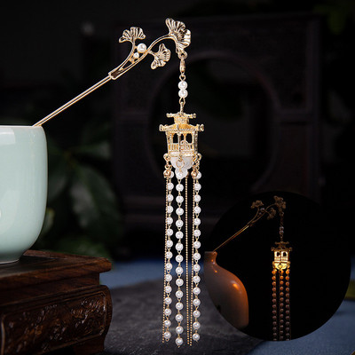 Kineska palača Lantern Ukosnice Stezaljke zlatne boje Metalni štapići za kosu Vilice sa svjetlom Žene Djevojke Privjesak Nakit za Hanfu haljinu