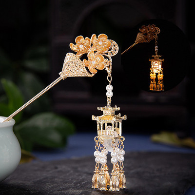 Kineska palača Lantern Ukosnice Stezaljke zlatne boje Metalni štapići za kosu Vilice sa svjetlom Žene Djevojke Privjesak Nakit za Hanfu haljinu
