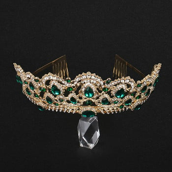 KMVEXO European Drop Green Red Crystal Tiaras Vintage Gold Color Rhinestone Pageant Crowns Гребен Барокови сватбени аксесоари за коса