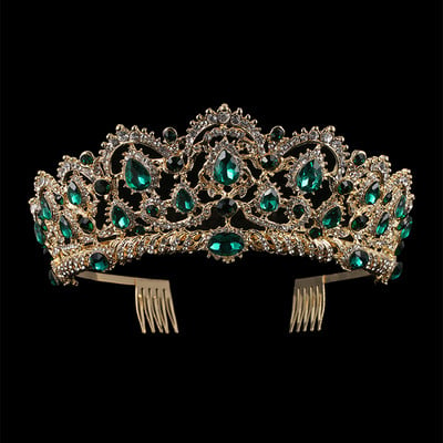 KMVEXO European Drop Green Red Crystal Tiaras Vintage Gold Color Strasszos díszkoronák Fésűs Barokk Esküvői Haj kiegészítők