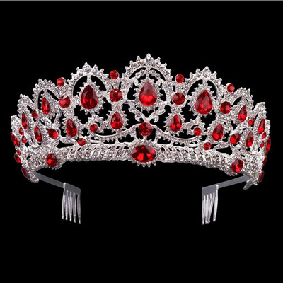 KMVEXO European Drop Green Red Crystal Tiaras Vintage Gold Color Strasszos díszkoronák Fésűs Barokk Esküvői Haj kiegészítők