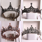 Baroc Cristal Negru Tiare Mirese Rotunde Mari Coroane Festival de Bal Diadem Strass Voal Tiara Bentiță Accesorii pentru păr de nuntă