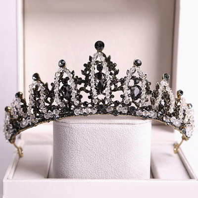 Baroc Cristal Negru Tiare Mirese Rotunde Mari Coroane Festival de Bal Diadem Strass Voal Tiara Bentiță Accesorii pentru păr de nuntă