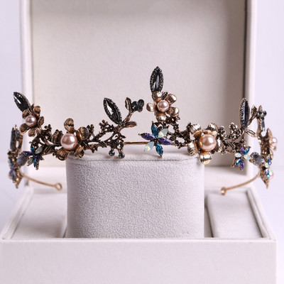 Baroc Cristal Negru Tiare Mirese Rotunde Mari Coroane Festival de Bal Diadem Strass Voal Tiara Bentiță Accesorii pentru păr de nuntă