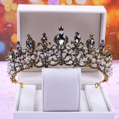 Baroc Cristal Negru Tiare Mirese Rotunde Mari Coroane Festival de Bal Diadem Strass Voal Tiara Bentiță Accesorii pentru păr de nuntă