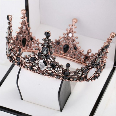 Baroc Cristal Negru Tiare Mirese Rotunde Mari Coroane Festival de Bal Diadem Strass Voal Tiara Bentiță Accesorii pentru păr de nuntă