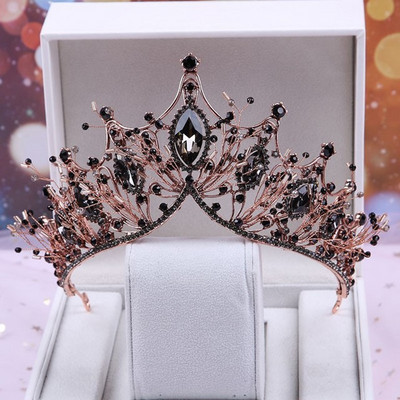 Baroc Cristal Negru Tiare Mirese Rotunde Mari Coroane Festival de Bal Diadem Strass Voal Tiara Bentiță Accesorii pentru păr de nuntă