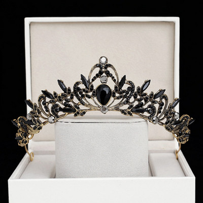 Baroc Cristal Negru Tiare Mirese Rotunde Mari Coroane Festival de Bal Diadem Strass Voal Tiara Bentiță Accesorii pentru păr de nuntă