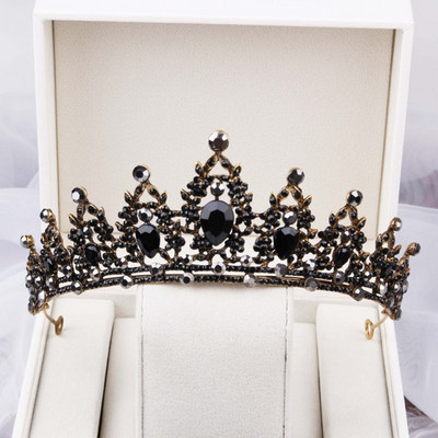 Baroc Cristal Negru Tiare Mirese Rotunde Mari Coroane Festival de Bal Diadem Strass Voal Tiara Bentiță Accesorii pentru păr de nuntă