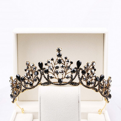 Baroc Cristal Negru Tiare Mirese Rotunde Mari Coroane Festival de Bal Diadem Strass Voal Tiara Bentiță Accesorii pentru păr de nuntă