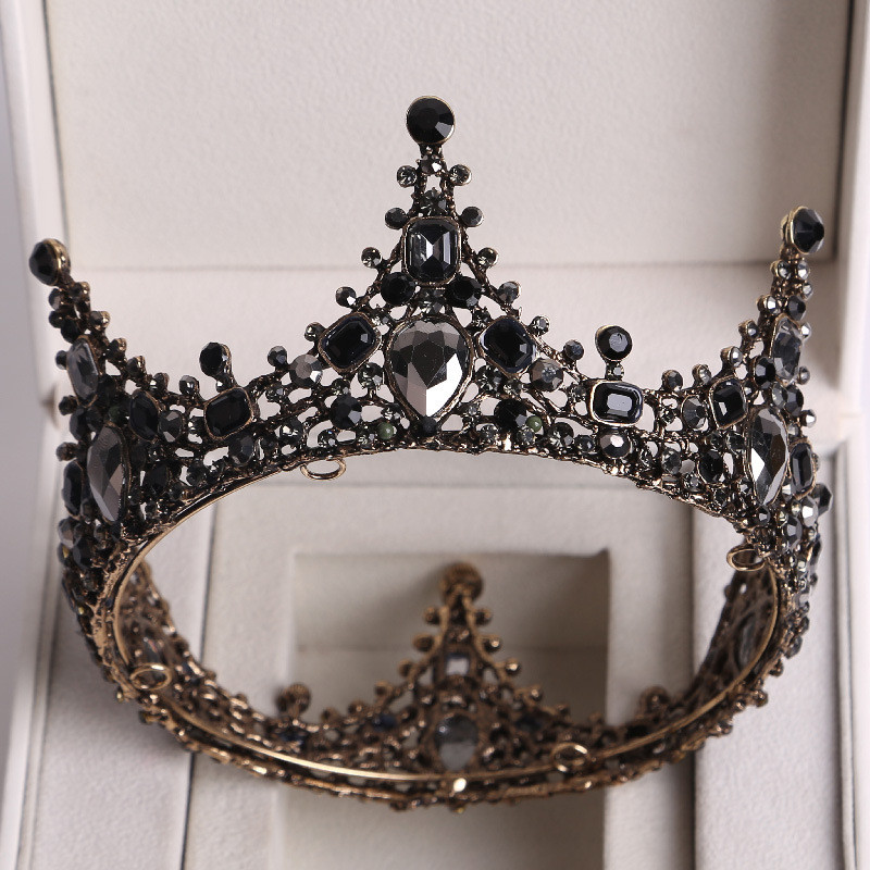 Baroc Cristal Negru Tiare Mirese Rotunde Mari Coroane Festival de Bal Diadem Strass Voal Tiara Bentiță Accesorii pentru păr de nuntă