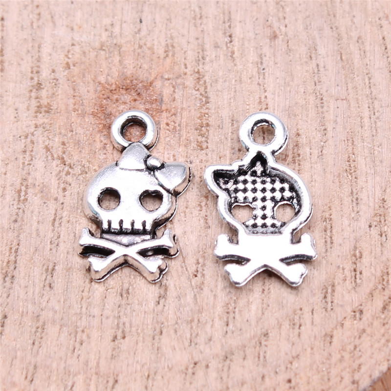 WYSIWYG 40 de bucăți 16x9mm de culoare argintie antică Brelocuri cu arc de craniu Brelocuri drăguțe cu cap de craniu pentru realizarea de bijuterii DIY pentru brățară colier