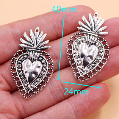 6db Christian Acred Sacred Heart Charm Mexico Milagro Flame szívmedál fényes ezüstözött tónusok 40*24mm A2274