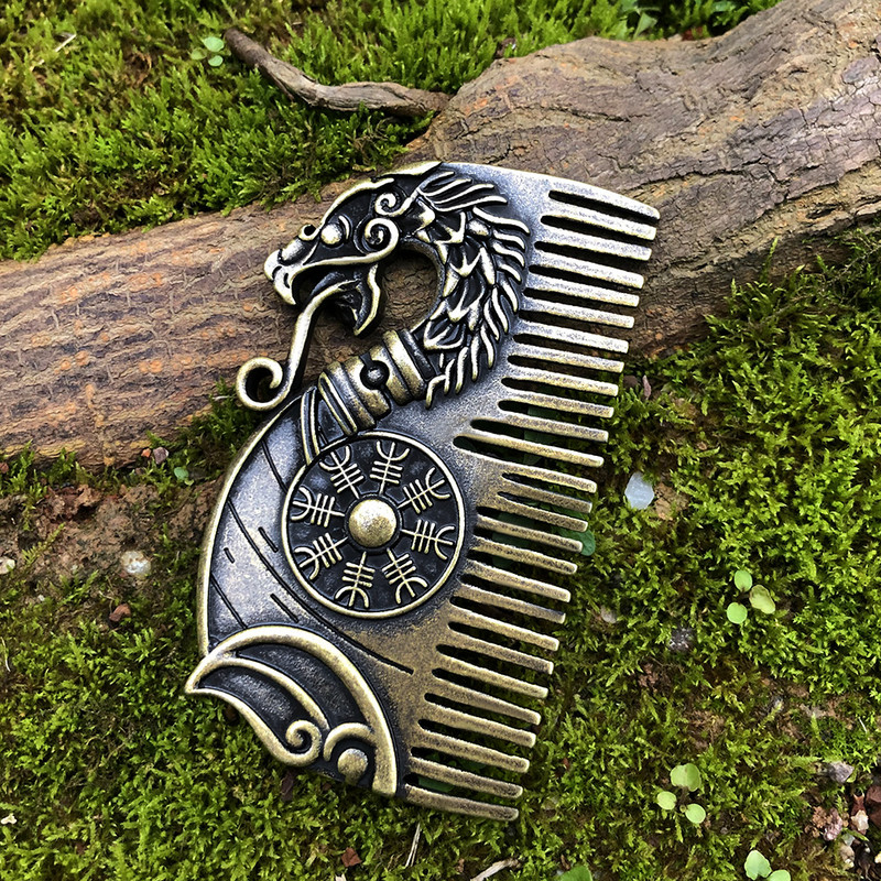 Viking szakállfésű Drakkar Aegishjalmur pajzs ékszer Viking ajándék férfiaknak