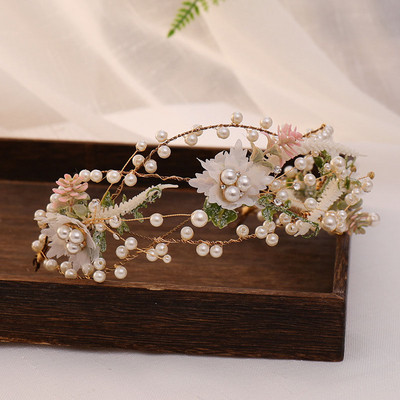 FORSEVEN Сватбена лента за коса Диадема Фея Бижута за коса Симулиран перлен венец Цвете Листа Ленти за глава Фиби Булката за глава Гирлянд