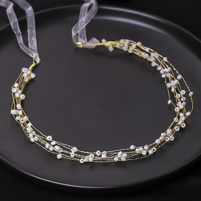 FORSEVEN Сватбена лента за коса Диадема Фея Бижута за коса Симулиран перлен венец Цвете Листа Ленти за глава Фиби Булката за глава Гирлянд