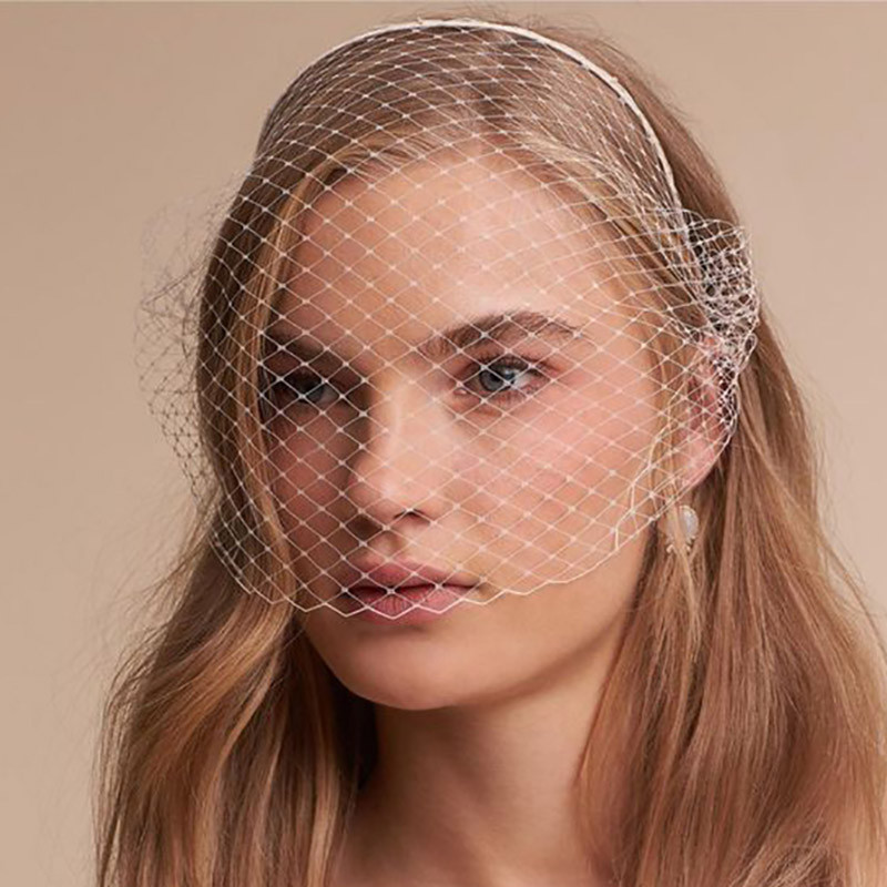 Елегантен воал от клетка за птици Бяла черна лента за глава Воал за булки Покривало Мрежа за лице Маска Бижута за коса Аксесоари Сватбени шапки