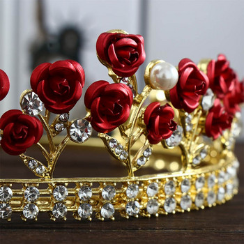 1PC Винтидж шапки Зелена/червена роза Кристална корона Елегантна лента за коса Диадема Булчинско парти Бижута Сватбени аксесоари за коса