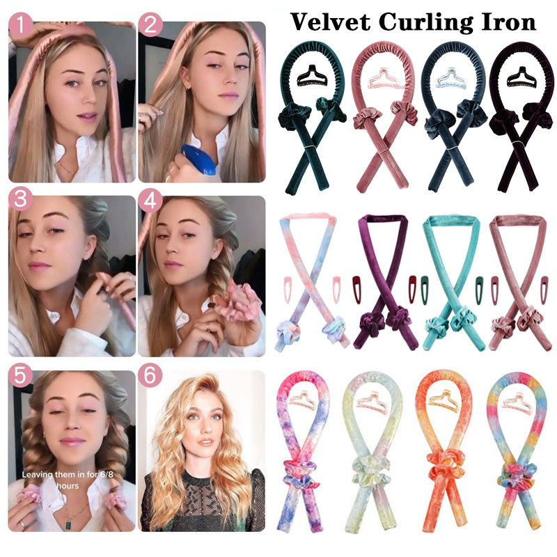 Velvet Heatless locīšanas stieņi Matu galvas lentes zīda matu ruļļi Ruļļi lente mitri un viļņaini saišķi Flexi matu instrumenti viļņu veidotāji
