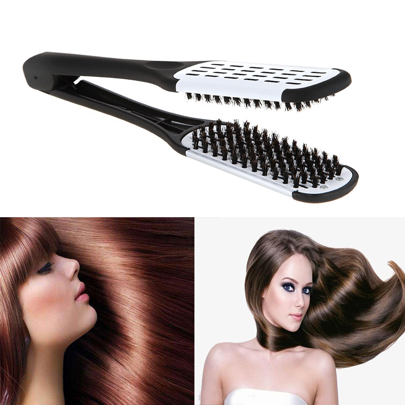 Фризьорство за коса Двустранна V скоба за четка Естествен керамичен шперплат Гребен за изправяне Инструменти за оформяне на влакна Преса за коса