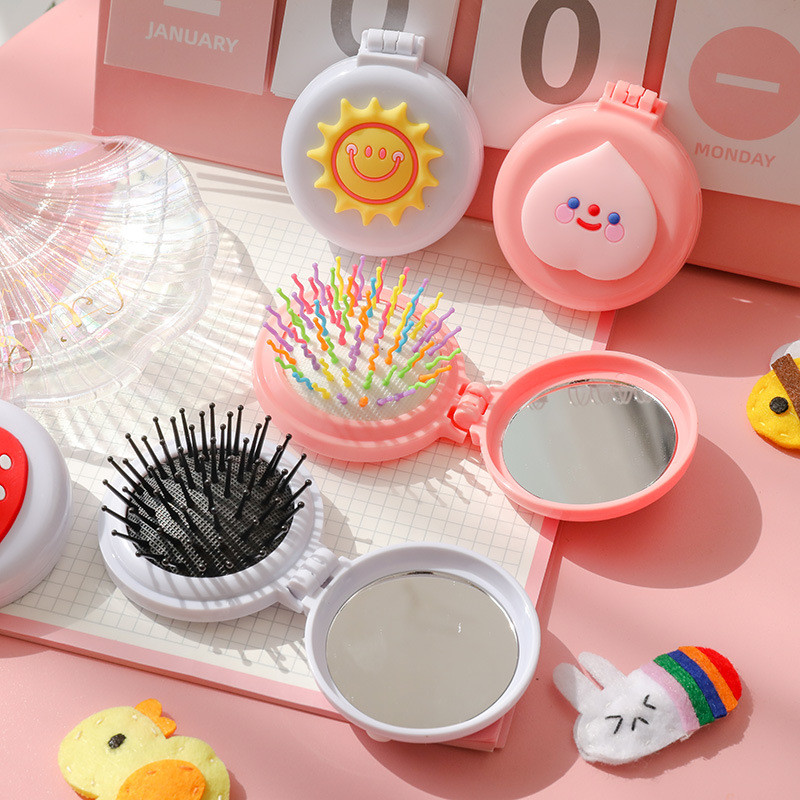 1db Kawaii sminktükör aranyos párnafésű kartondobozos lány mini összecsukható szilikon egyoldalas hordozható kerek tükör fésűvel